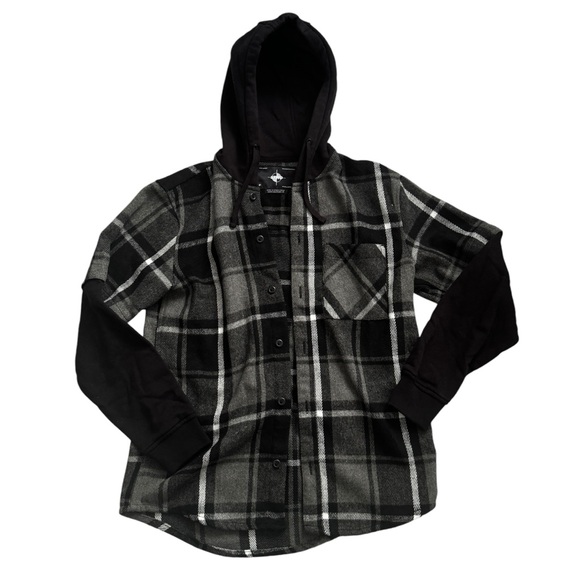 Pull&Bear 'Don't Say Goodbye' Hooded Flannel Jacket - Black/Gray Plaid - Size M - Picture 7 of 9